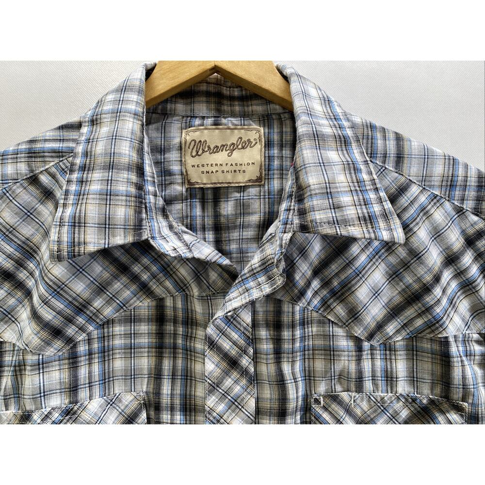 Wrangler Plaid Pearl Snap Short Sleeve Western Shirt Mens XL 50 Blue Gray White - Picture 3 of 8